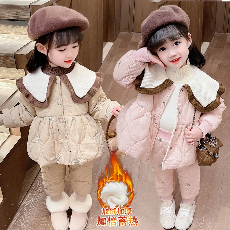 女童加绒加厚套装秋冬2023新款儿童保暖棉衣棉裤冬装宝宝冬季洋气