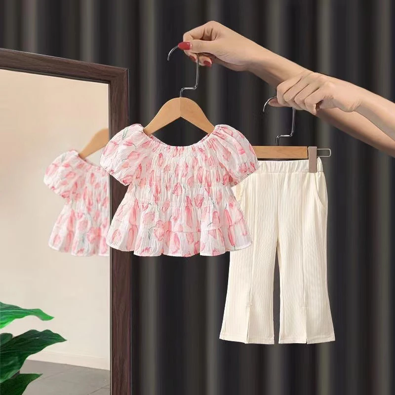 女童套装夏季2023新款小童夏款洋气网红女宝宝韩版碎花衣服夏装