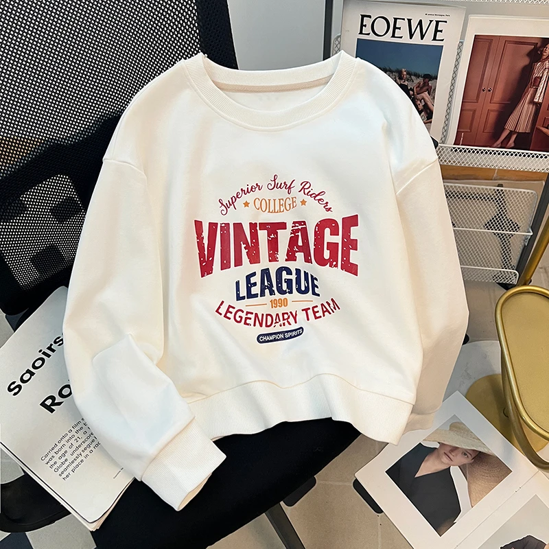 女童春秋短款卫衣2025新款中大童圆领打底T恤青少年白色长袖上衣