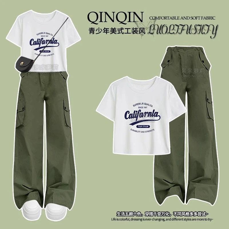 女童夏季工装裤套装2025新款美式潮酷风短袖大童T恤青少年阔腿裤