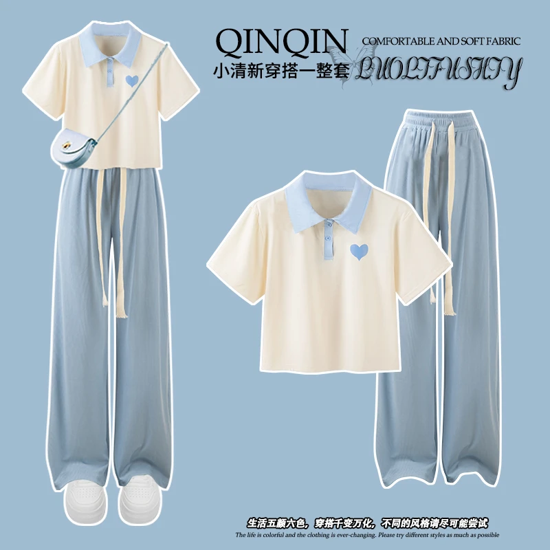女童夏季套装2025新款洋气阔腿裤Polo衫短袖薄款青少年休闲两件套