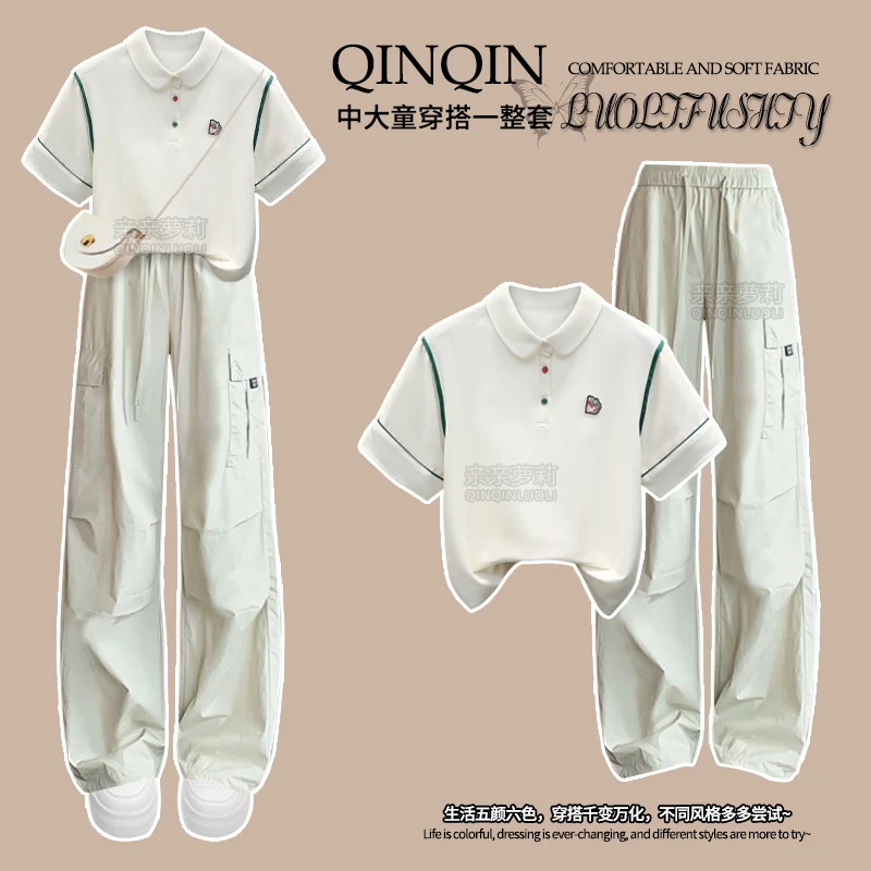 女童夏季工装裤套装2025新款洋气运动短袖T恤青少年夏装阔腿裤