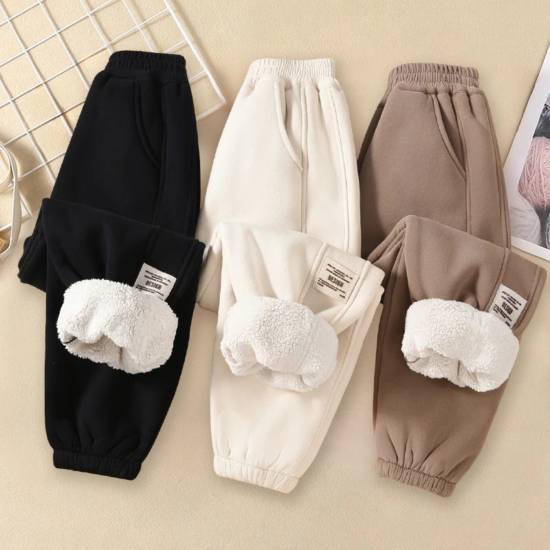 男童女童春秋羊驼绒裤子初中生卫裤一体绒保暖女孩休闲加绒运动裤