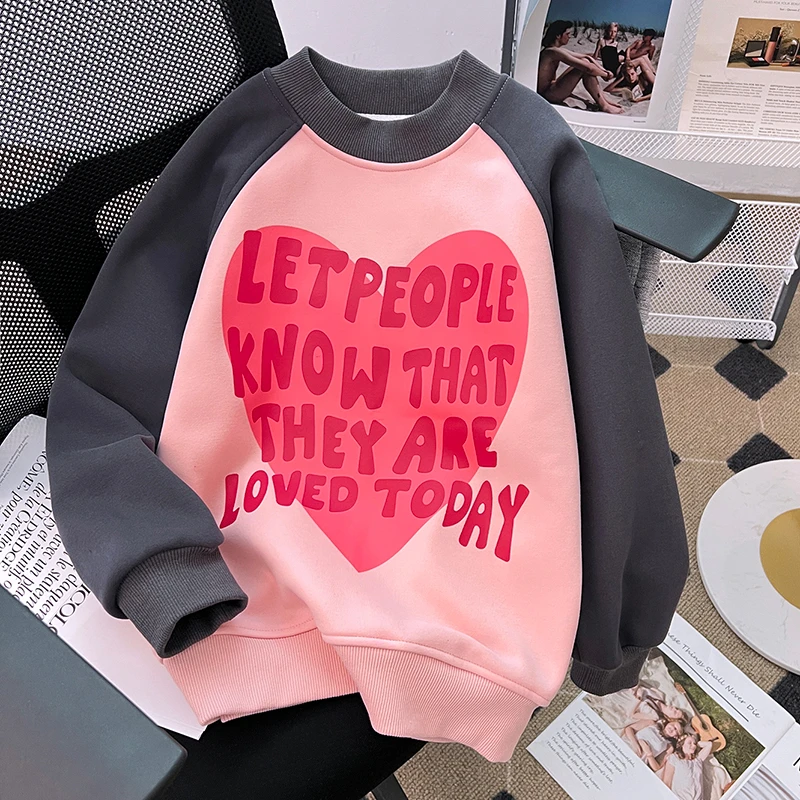 女童卫衣春秋2025新款中大童装圆领打底衫儿童长袖春秋加绒上衣