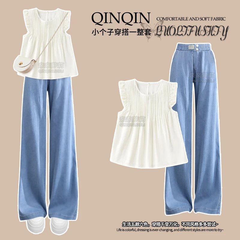 女童套装2025夏季新款青少年阔腿裤时尚小飞袖T恤牛仔裤学生夏装