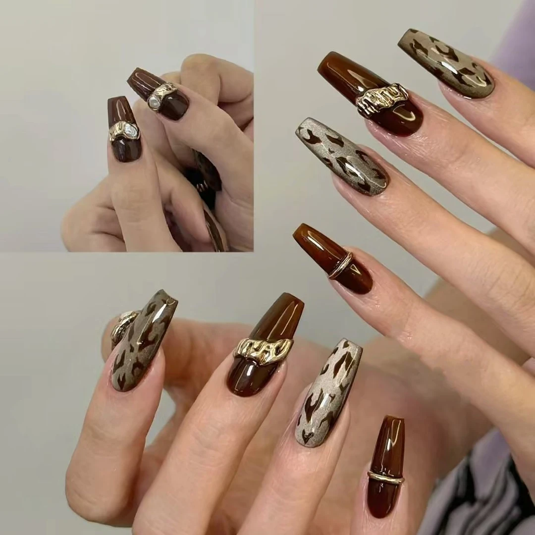 2025纯手工穿戴甲【美拉德豹纹】珍珠新款高端透明长梯形显手白甲片