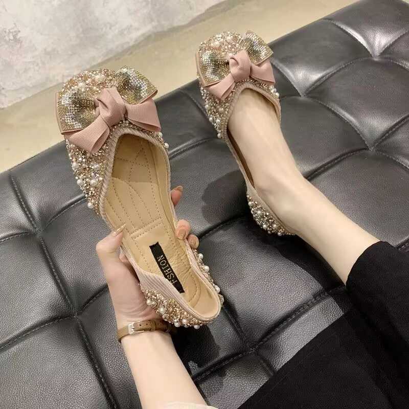 蝴蝶结单鞋女平底仙女风2023年春季新款百搭浅口豆豆鞋配裙子凉鞋