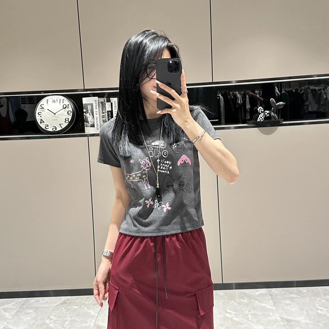 【瑾儿私服】春夏季新款小众设计小猫印花涂鸦短袖T恤上衣SV5249