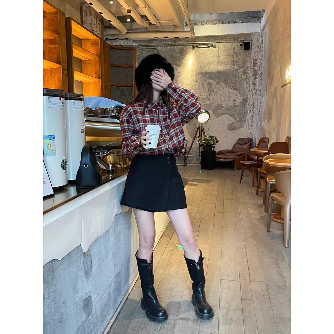 【瑾儿私服】NO退NO换 老钱风红色格子衬衣外套 5241-008