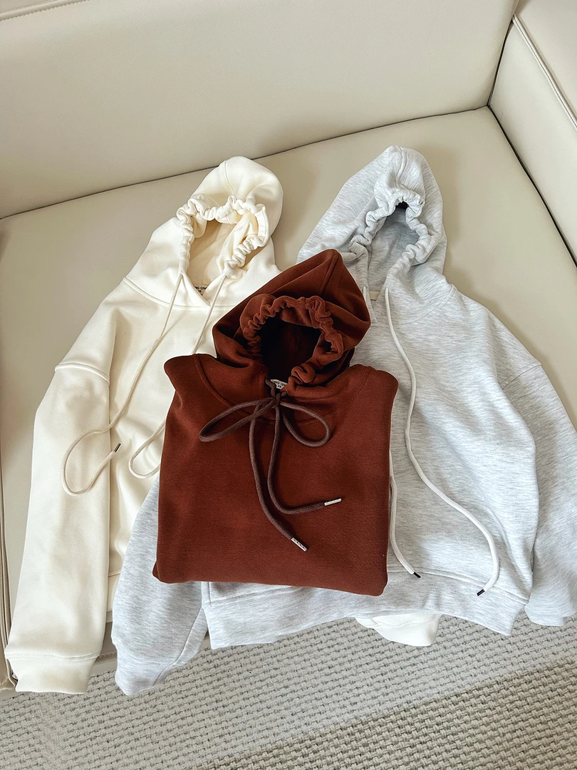 加绒连帽纯色卫衣女小个子秋冬休闲宽松套头帽衫百搭上衣 D8028