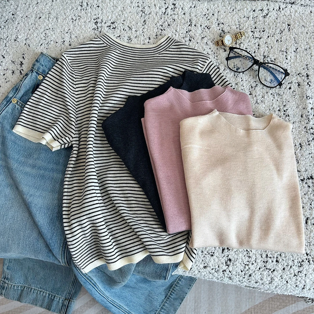初秋半高领简约针织短袖T恤小个子柔软百搭上衣240902