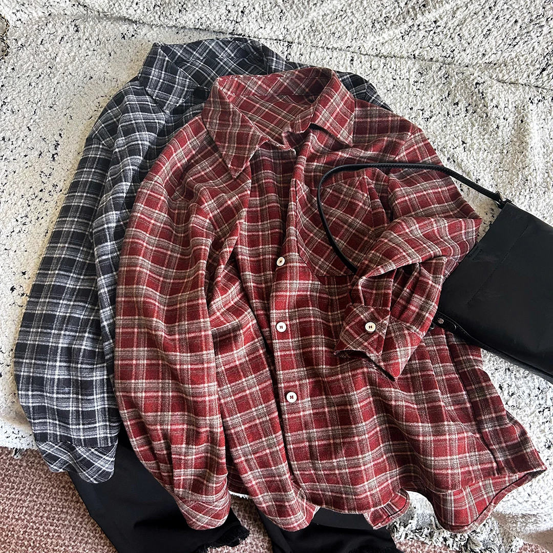 秋冬韩版宽松格子衬衫小个子磨毛复古衬衣外套240906