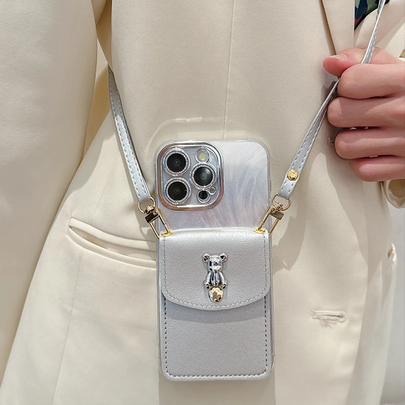羽纱小熊卡包适用苹果/华为/oppo/vivo/小米/荣耀/斜跨背带手机壳