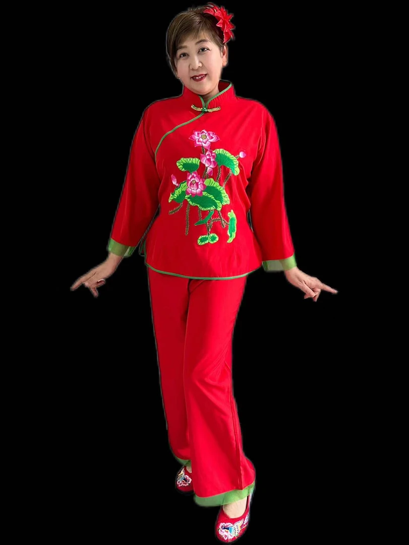 新款荷花款舞蹈服秧歌服广场舞演出服民族风扇子舞喜庆腰鼓舞红色
