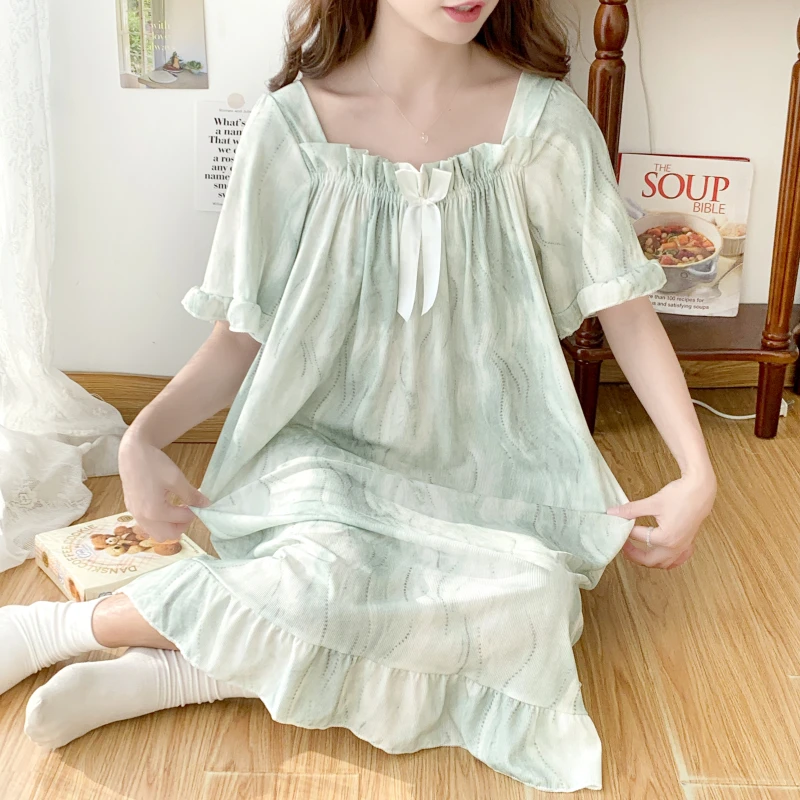 夏季短袖冰丝睡裙睡衣女加肥加大240斤2024新款蝴蝶结家居服绿色
