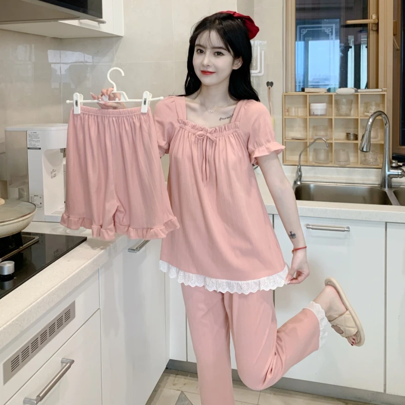 睡衣女生夏款棉质短袖三件套装简约甜美少女舒适可外穿家居服豆粉