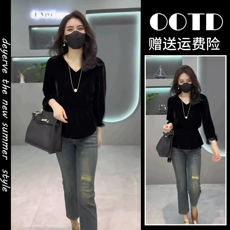 2025春季显瘦茶系感穿上衣长袖一整套时尚女减龄牛仔裤子休闲气质