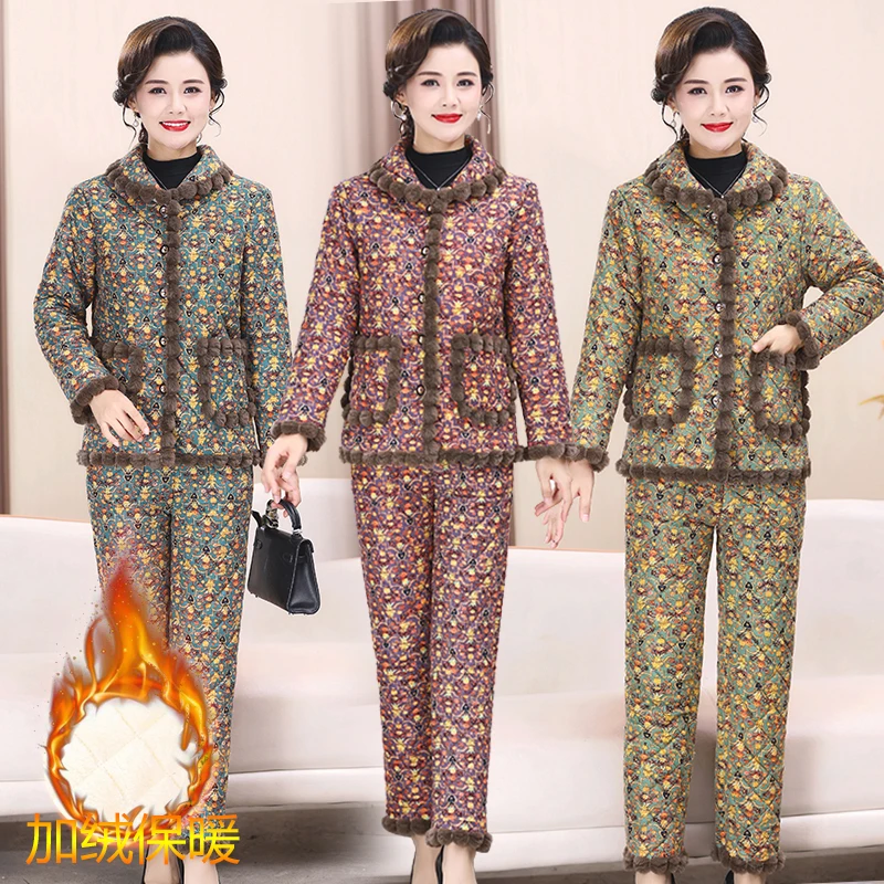 新款冬季妈妈装棉服套装洋气中老年加绒加厚夹棉保暖棉服两件套女