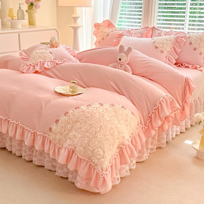 韩版公主风四件套蕾丝花边双面绒被套可机洗防滑不跑被加绒裙床品