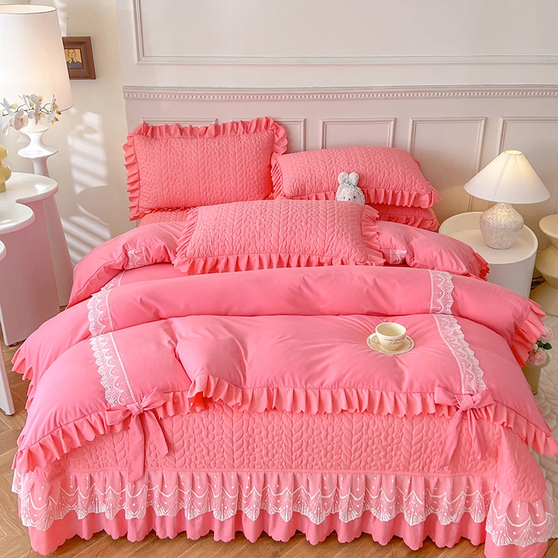 微罗夏季床盖款被套四件套三件套纯色韩版花边床罩被罩可机洗床品