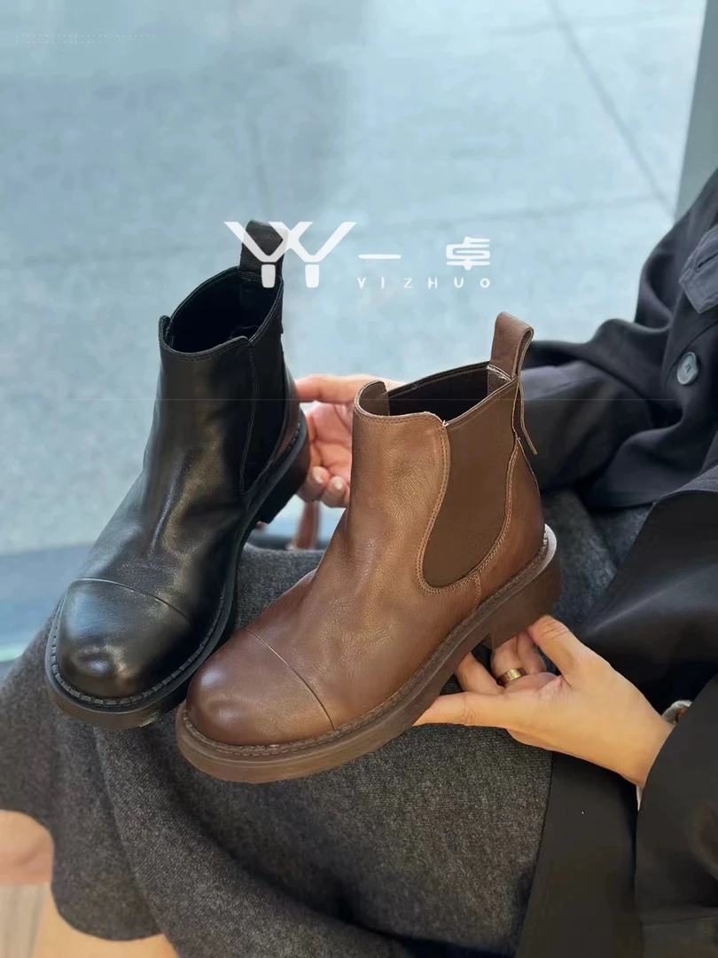 2024秋冬牛皮女靴秋冬百搭平底复古女士休闲靴