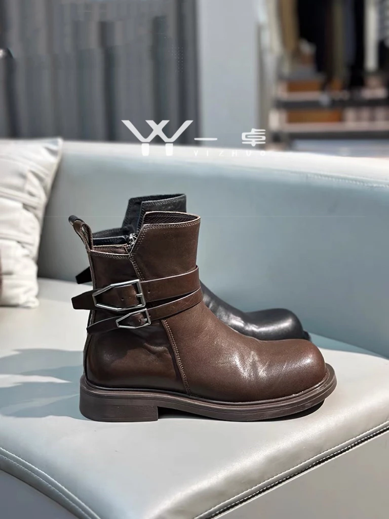 2024冬季欧洲站牛皮加棉短靴圆头休闲靴