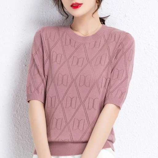 春秋新款重工中袖毛衫女士圆领镂空纯色针织衫半袖高档洋气妈妈装