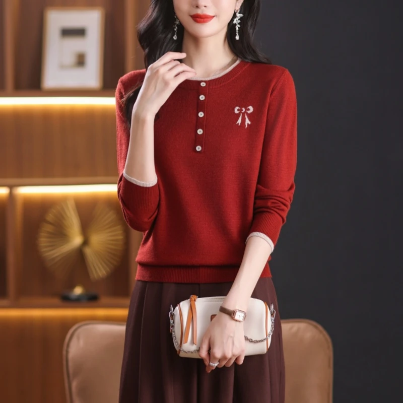新款秋冬圆领长袖羊毛衫上衣宽松显瘦网红洋气保暖女装羊毛衫针织