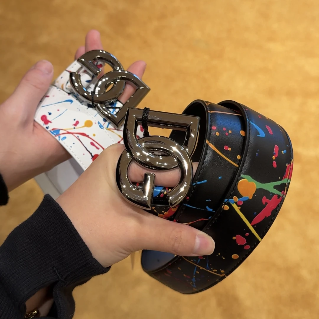 全新未使用D…G涂鸦白色网红男士腰带时尚潮流黑色百搭皮带银头