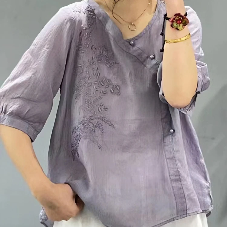 【退货包邮】夏季新款手工刺绣上衣女小衫V领套头T恤半袖显瘦463