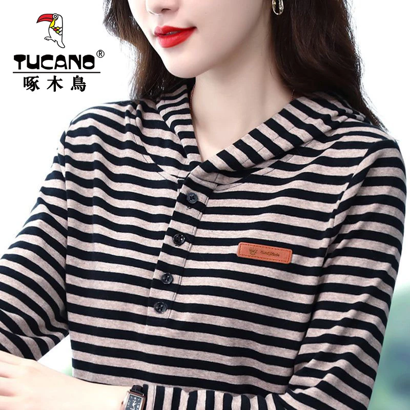 啄木鸟长袖T恤女新款春秋薄款宽松条纹百搭休闲连帽女上衣打底衫