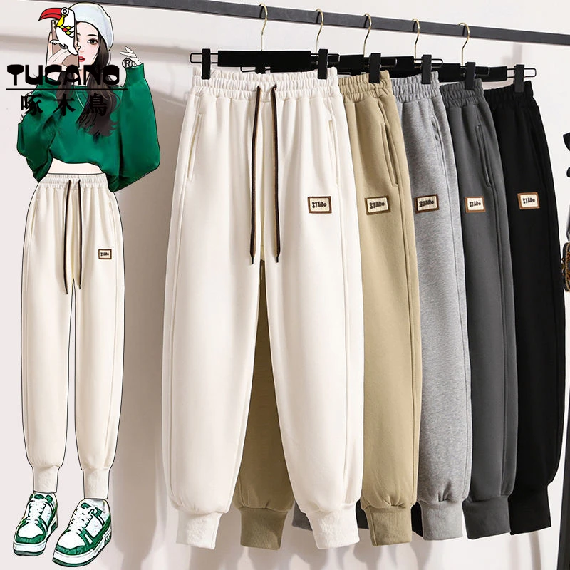 啄木鸟高档加绒加厚卫裤女秋冬季2025新款保暖宽松运动休闲长裤潮