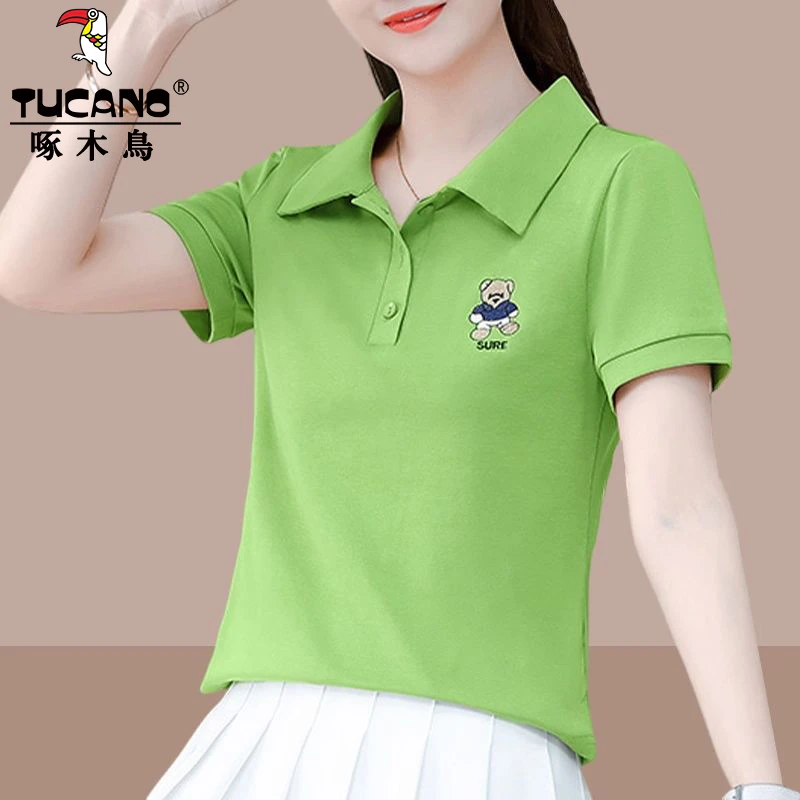 啄木鸟时尚减龄短袖t恤女polo领2025年夏季新款休闲洋气刺绣上衣