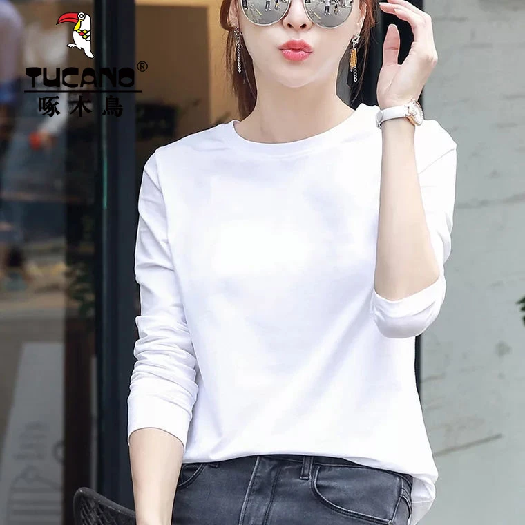 啄木鸟纯色长袖T恤女纯棉春秋圆领打底衫百搭简约休闲早春新款T衫
