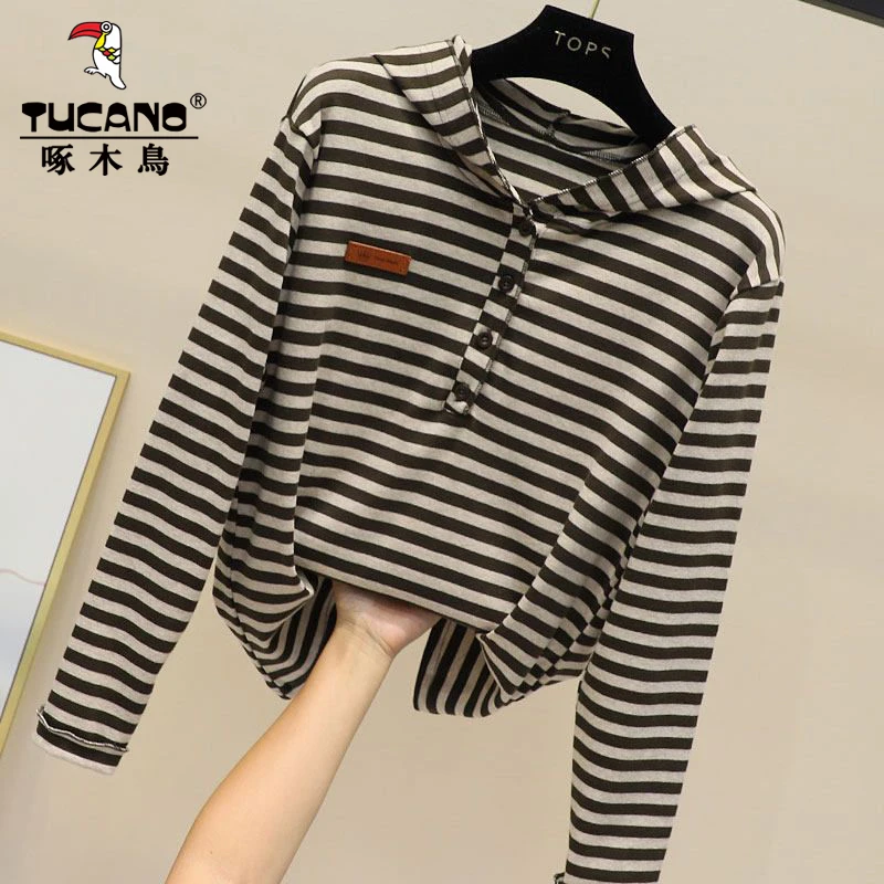啄木鸟2025春秋季新款卫衣女时尚长袖t恤打底衫条纹连帽宽松上衣