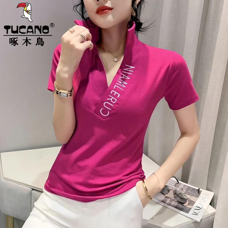 啄木鸟时尚POLO衫短袖女2025年新款V领夏季显瘦洋气百搭T恤上衣潮