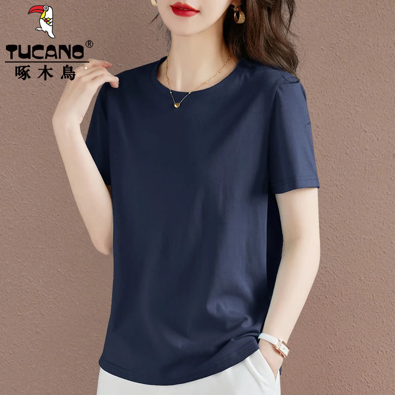啄木鸟2025年新款夏季显瘦百搭短袖女士韩版纯色圆领休闲薄款上衣