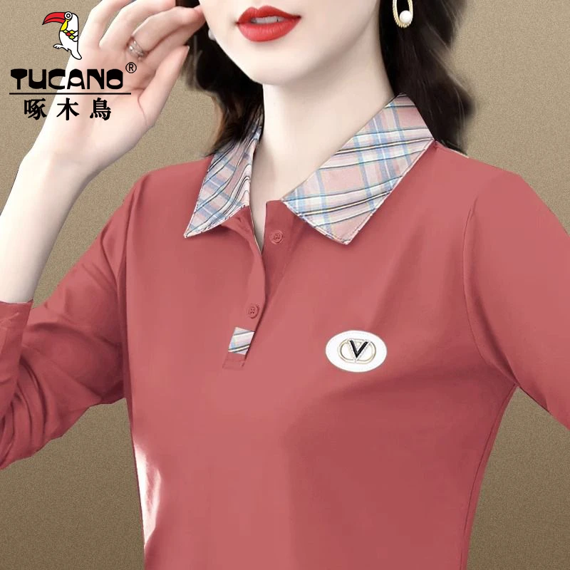 啄木鸟长袖女t恤春秋季2025新款翻领中年妈妈百搭打底衫运动上衣