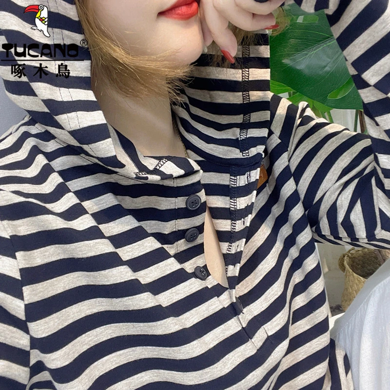 啄木鸟2025年春秋新款卫衣条纹连帽长袖T恤女百搭韩版上衣打底衫