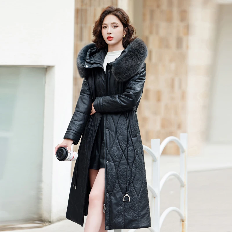海宁真皮皮衣女妈妈装外套狐狸毛领中长款中老年皮衣加厚过膝过膝