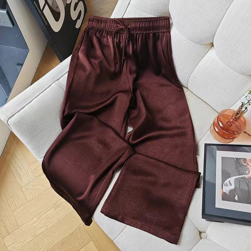 02桑蚕丝阔腿裤女高腰垂感休闲裤新款直筒裤中国风显瘦