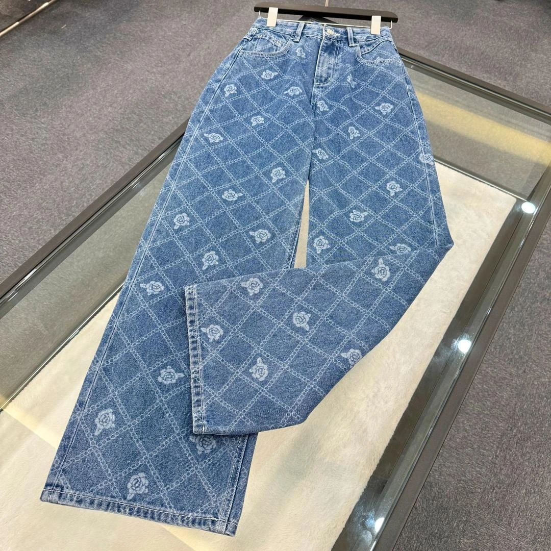 【SHIYI】24新款山茶花高腰直筒阔腿牛仔裤S0004