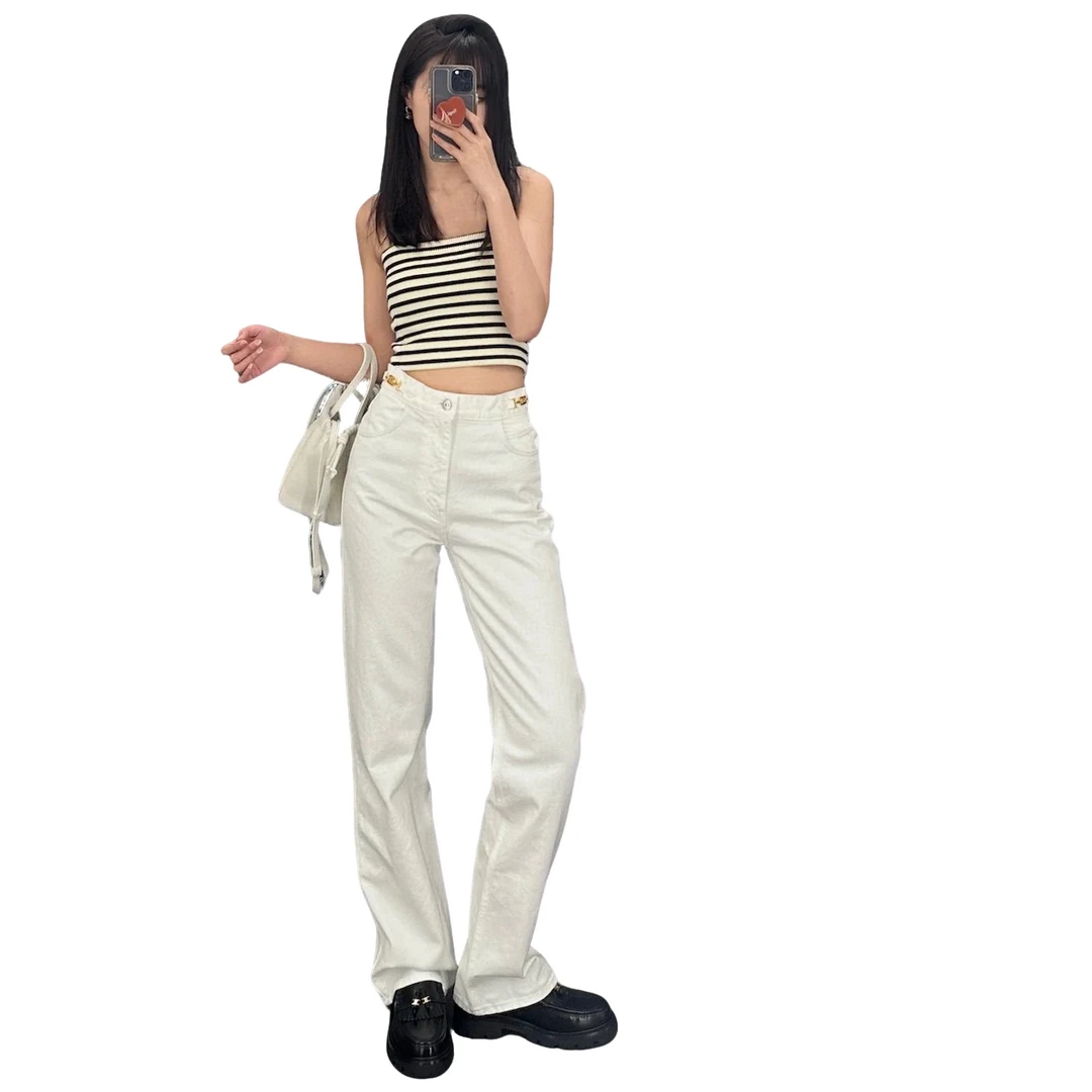 114南油设计师金属链条高腰宽松直筒牛仔裤女CM-372827-28