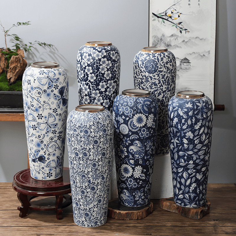 35CM高景德镇陶瓷青花花瓶家居摆件样板房金边花器高萝卜手工花瓶