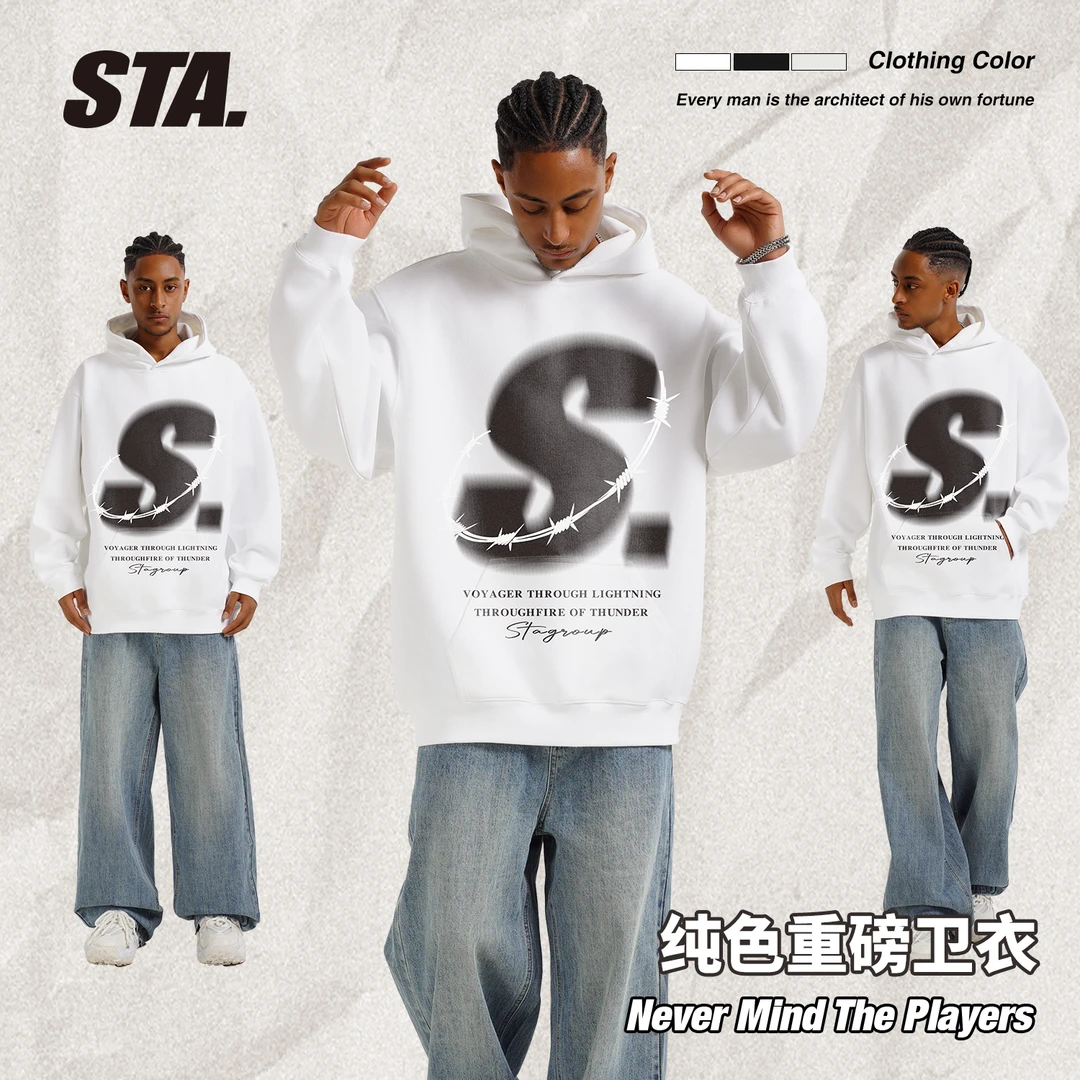 STA国潮400克重连帽卫衣重磅男女同款印花秋冬秋季男上衣百搭国潮