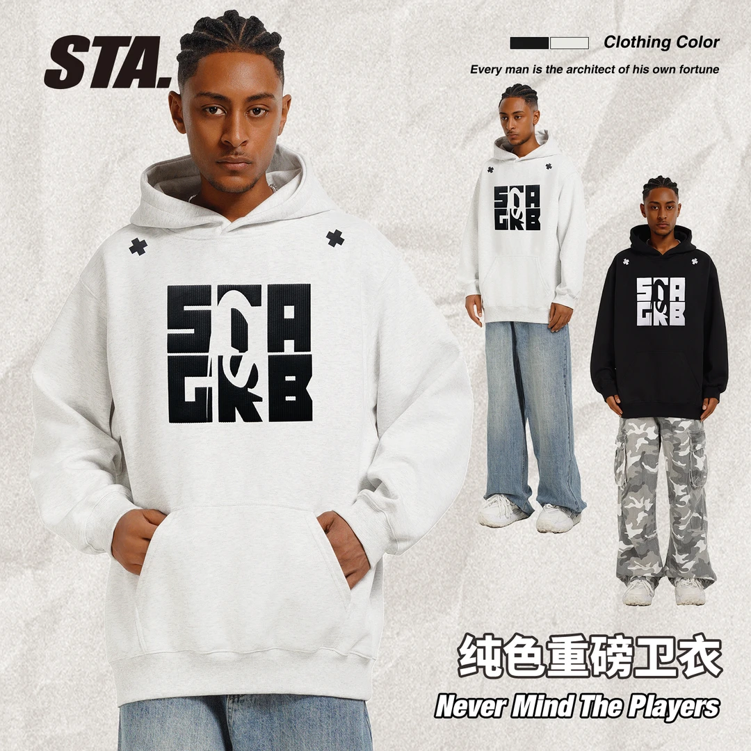 STA国潮400克重连帽卫衣重磅男女同款印花秋冬秋季男上衣百搭国潮