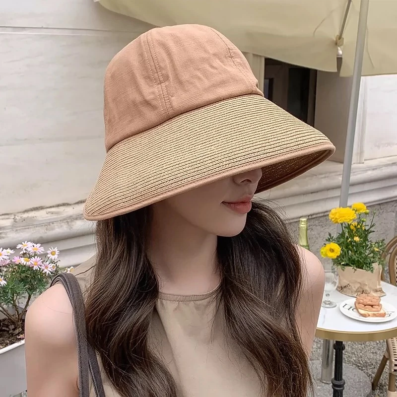 日系草布结合防紫外线户外骑行运动遮阳帽子夏透气帽女遮阳帽遮脸