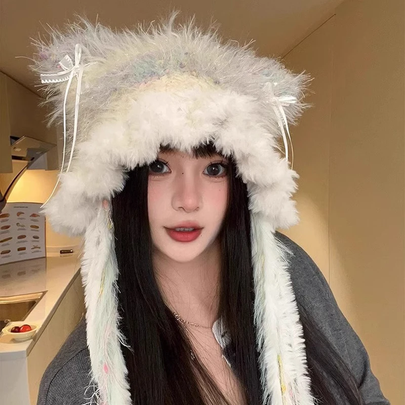 可爱条纹渐变针织毛线帽女秋冬季2024新款可爱蝴蝶结毛绒绒护耳帽