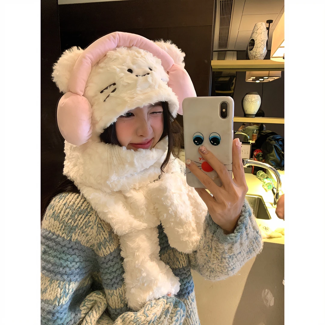 护耳围脖帽子手套一体冬季毛绒保暖百搭可爱猫咪连帽围巾女