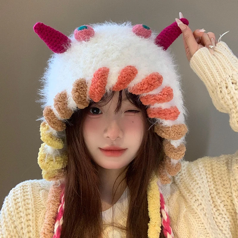 可爱搞怪小怪兽毛线帽子女秋冬季保暖针织毛绒护耳套头帽显脸小